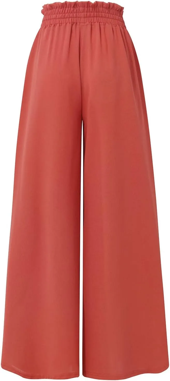 Palazzo Pants for Women Baggy Chiffon Skirt Pants Flowy Culottes Pants High Waisted Paper Bag Beach Pants with Pockets