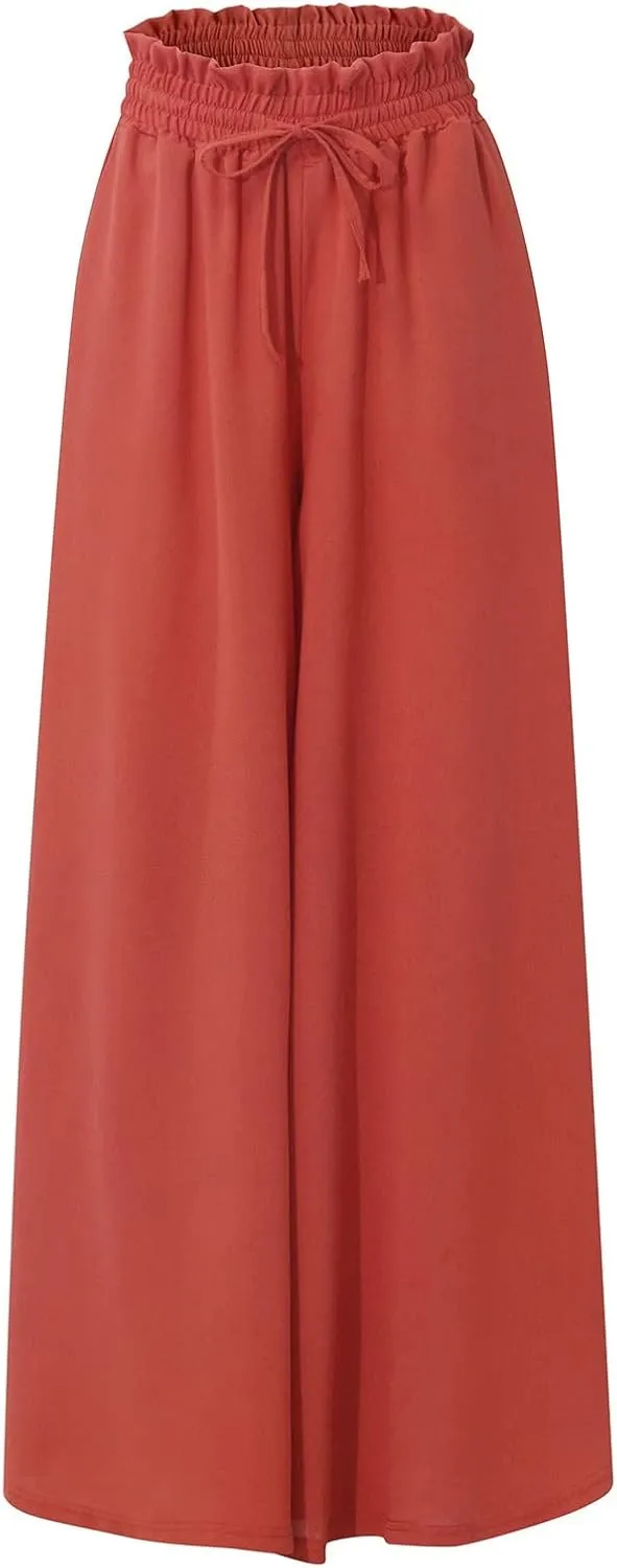 Palazzo Pants for Women Baggy Chiffon Skirt Pants Flowy Culottes Pants High Waisted Paper Bag Beach Pants with Pockets