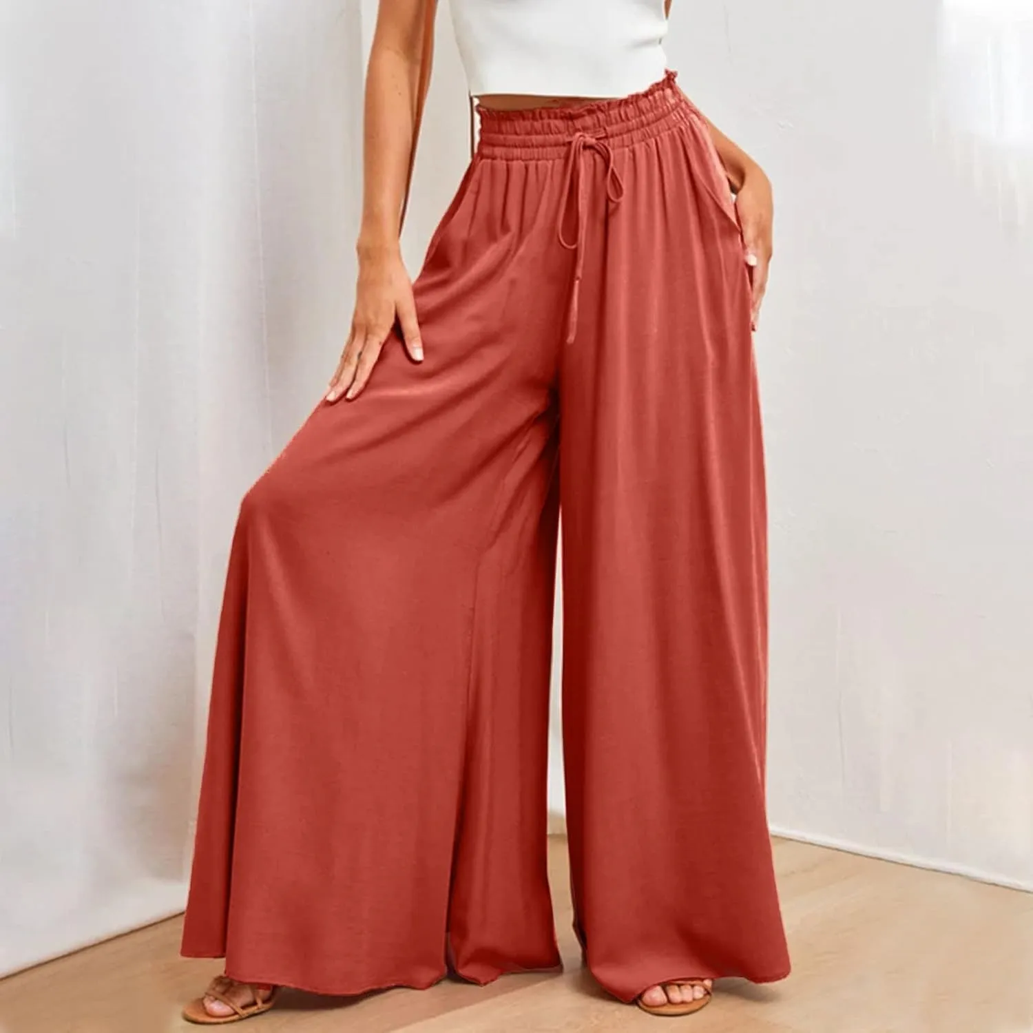 Palazzo Pants for Women Baggy Chiffon Skirt Pants Flowy Culottes Pants High Waisted Paper Bag Beach Pants with Pockets