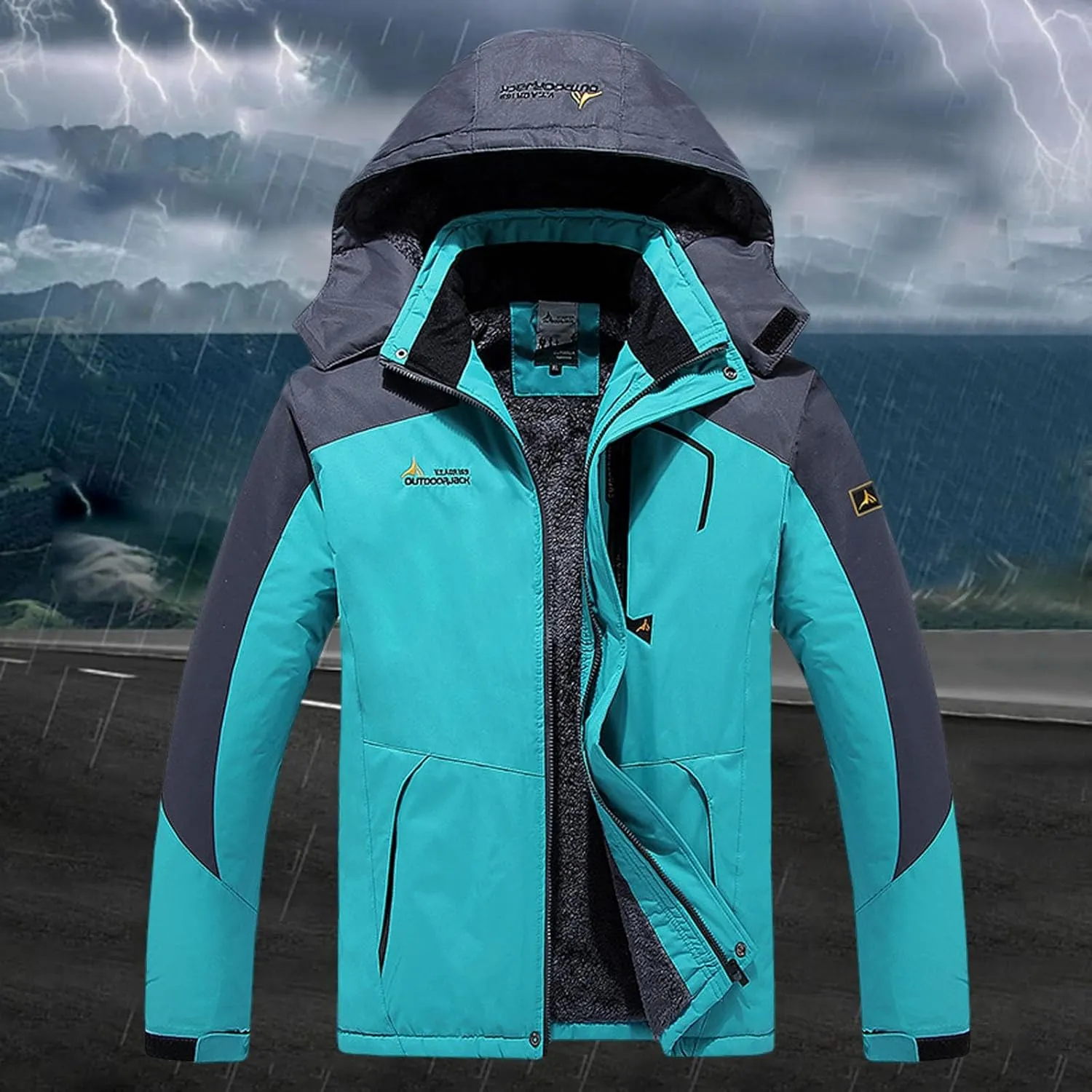 PeQAQ Womens Fleece Waterproof Rain Jacket Winter Warm Hooded Windbreaker Jackets Active Outdoor Raincoat Fashion Trench Coat