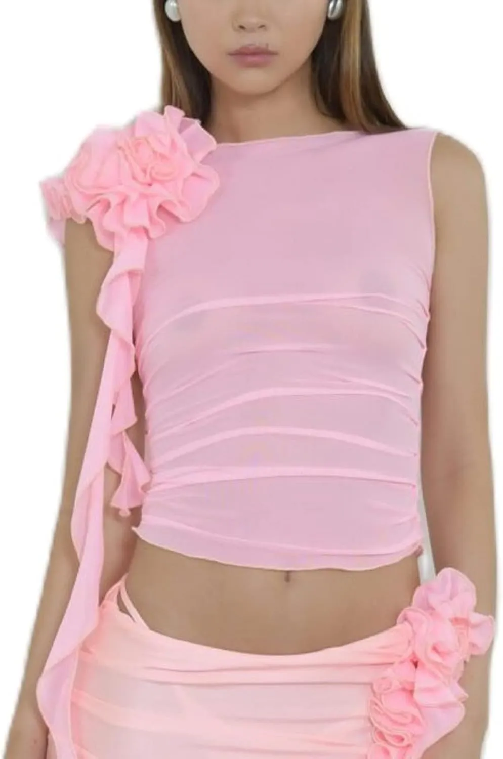 Sexy Tank Top for Women 3D Floral Tassels Ruffle Crop Top Y2K Slim Fitted Sleeveless Shirt Tee