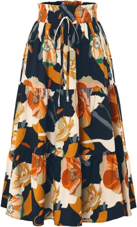 Tiered Floral Maxi Skirts for Women Trendy Elastic High Waisted Flowy Long Skirt Summer Boho Beach A Line Skirt