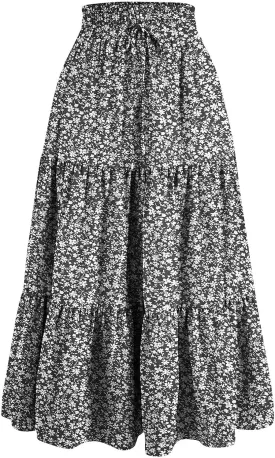 Tiered Floral Maxi Skirts for Women Trendy Elastic High Waisted Flowy Long Skirt Summer Boho Beach A Line Skirt
