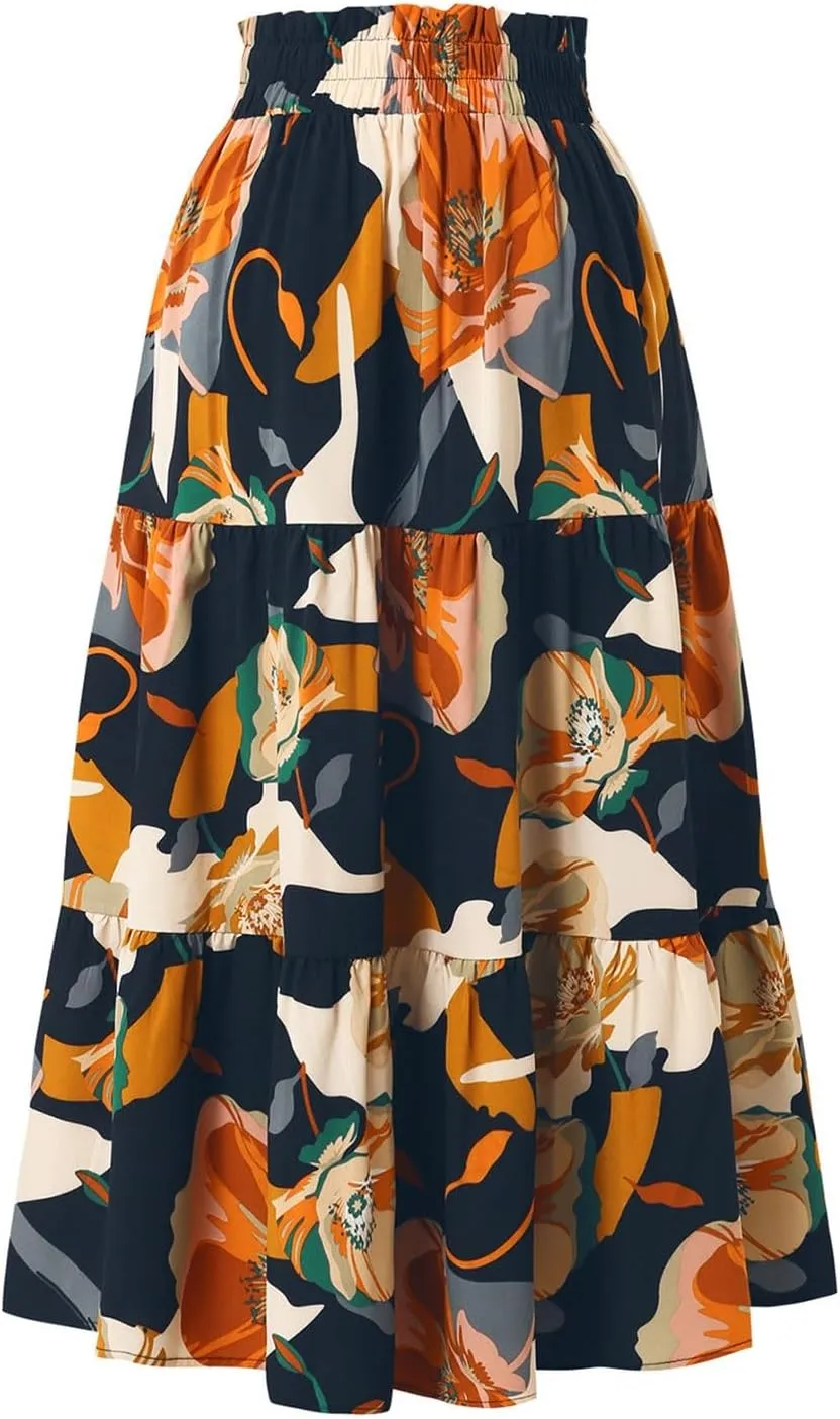 Tiered Floral Maxi Skirts for Women Trendy Elastic High Waisted Flowy Long Skirt Summer Boho Beach A Line Skirt