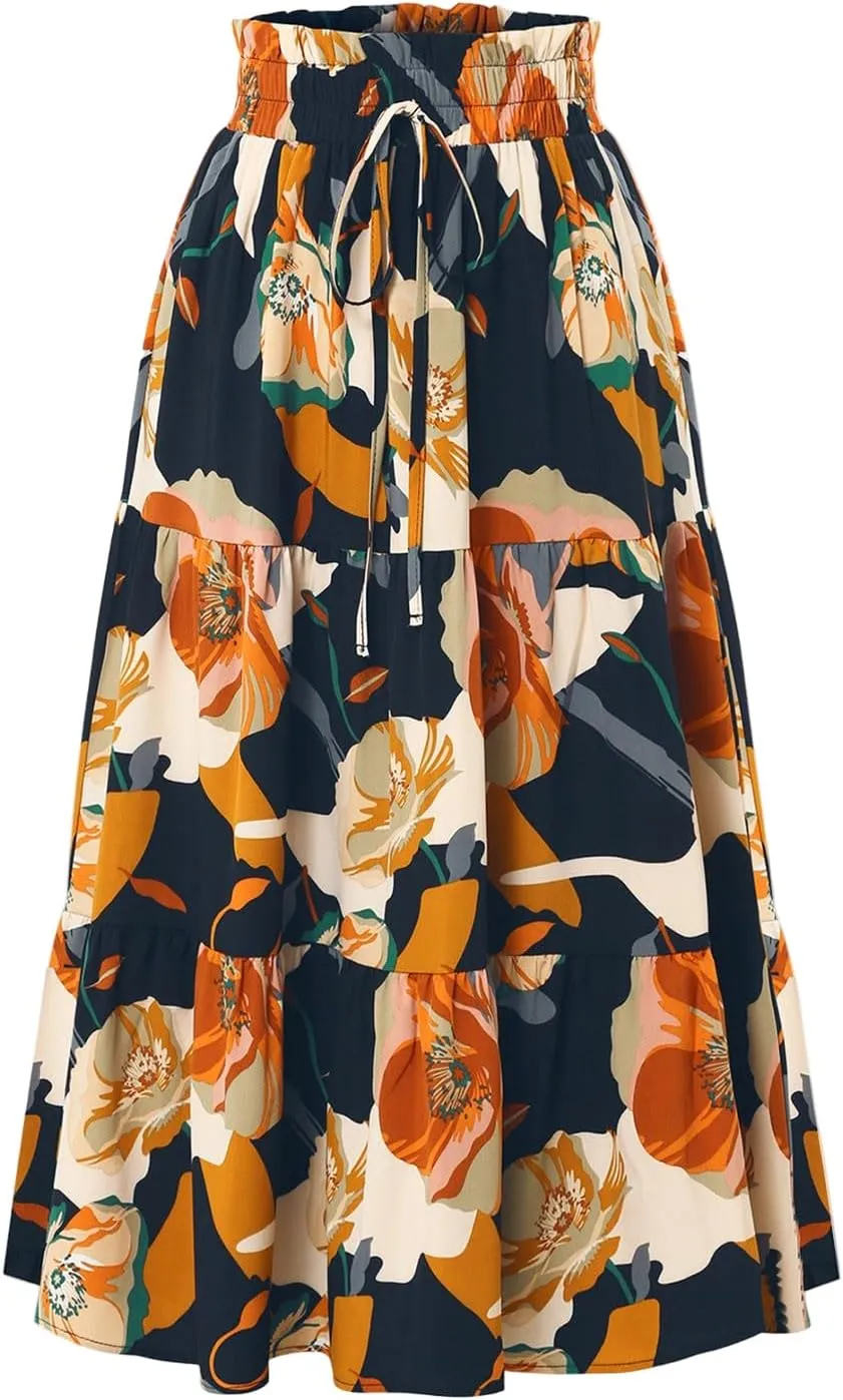 Tiered Floral Maxi Skirts for Women Trendy Elastic High Waisted Flowy Long Skirt Summer Boho Beach A Line Skirt