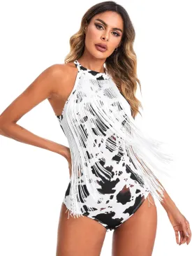 Verdusa Women's Fringe Trim Sleeveless Bodycon Halter Bodysuit Top