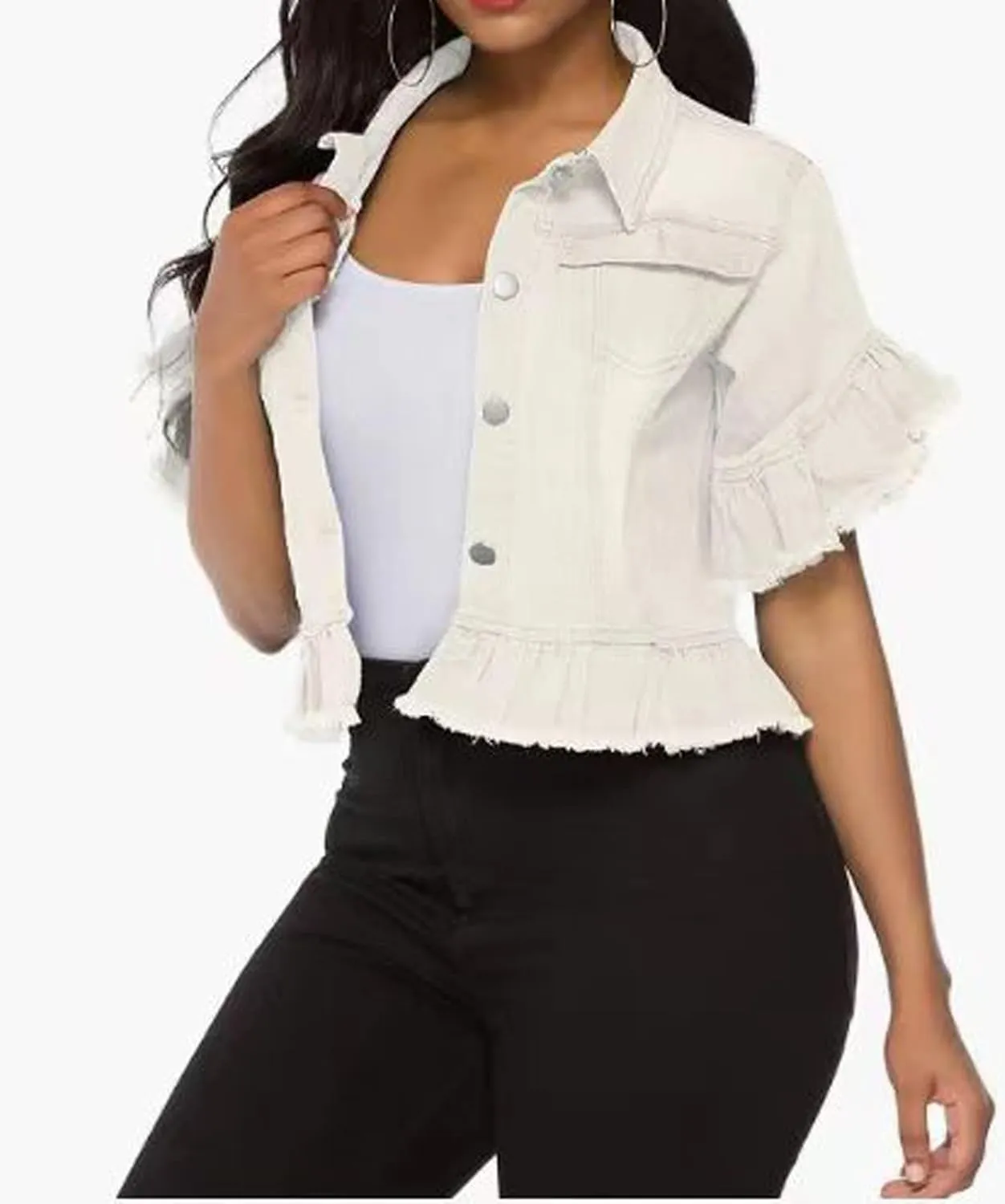 vunahzma Women's Denim Jacket Button Down Distressed Ruffle Sleeve Crop Jean Jackets Coat
