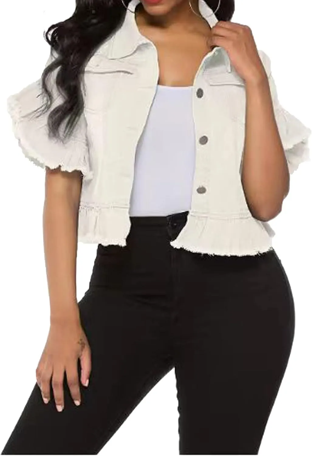vunahzma Women's Denim Jacket Button Down Distressed Ruffle Sleeve Crop Jean Jackets Coat