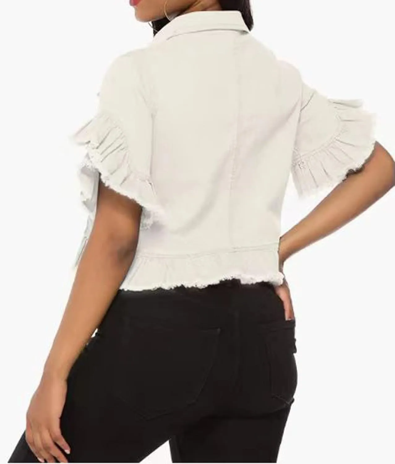 vunahzma Women's Denim Jacket Button Down Distressed Ruffle Sleeve Crop Jean Jackets Coat