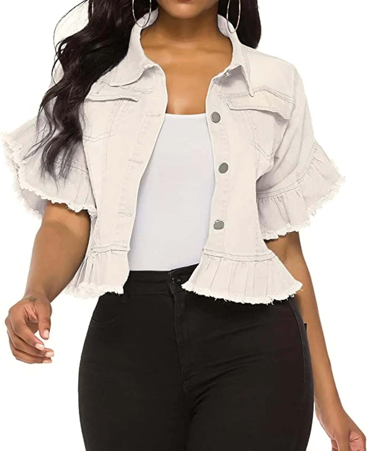 vunahzma Women's Denim Jacket Button Down Distressed Ruffle Sleeve Crop Jean Jackets Coat