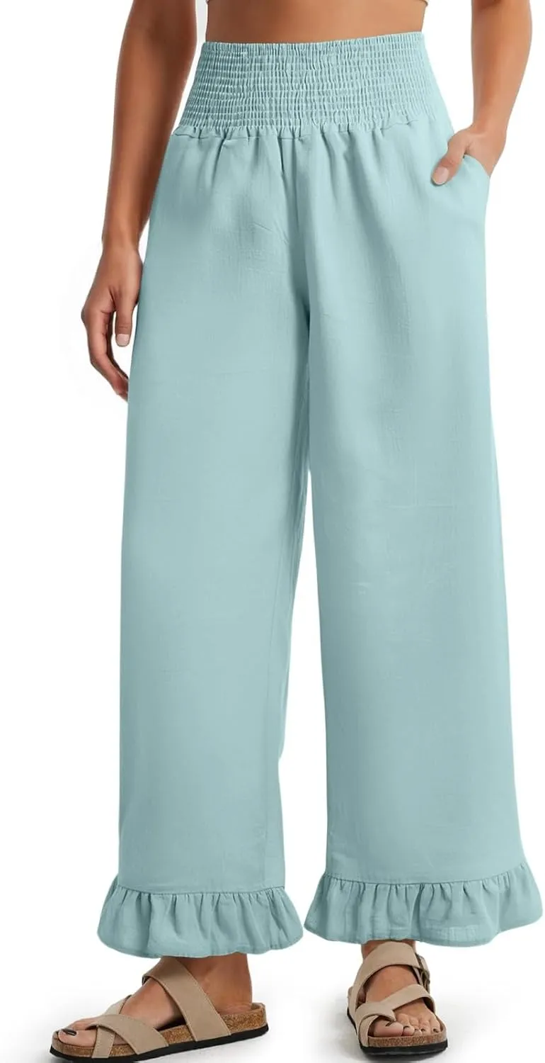 Wide Leg Linen Pants Women Smocked High Waisted Palazzo Pants Lightweight Baggy Boho Beach Lounge Trousers w/Pockets