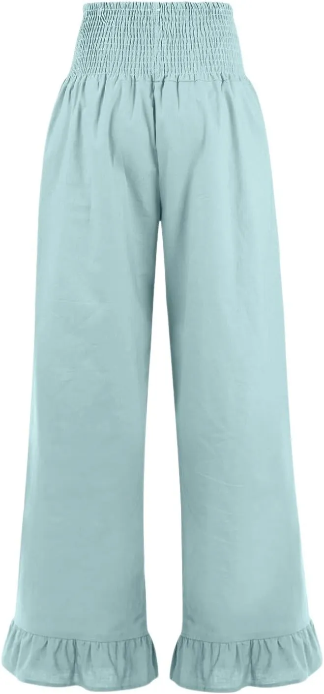 Wide Leg Linen Pants Women Smocked High Waisted Palazzo Pants Lightweight Baggy Boho Beach Lounge Trousers w/Pockets