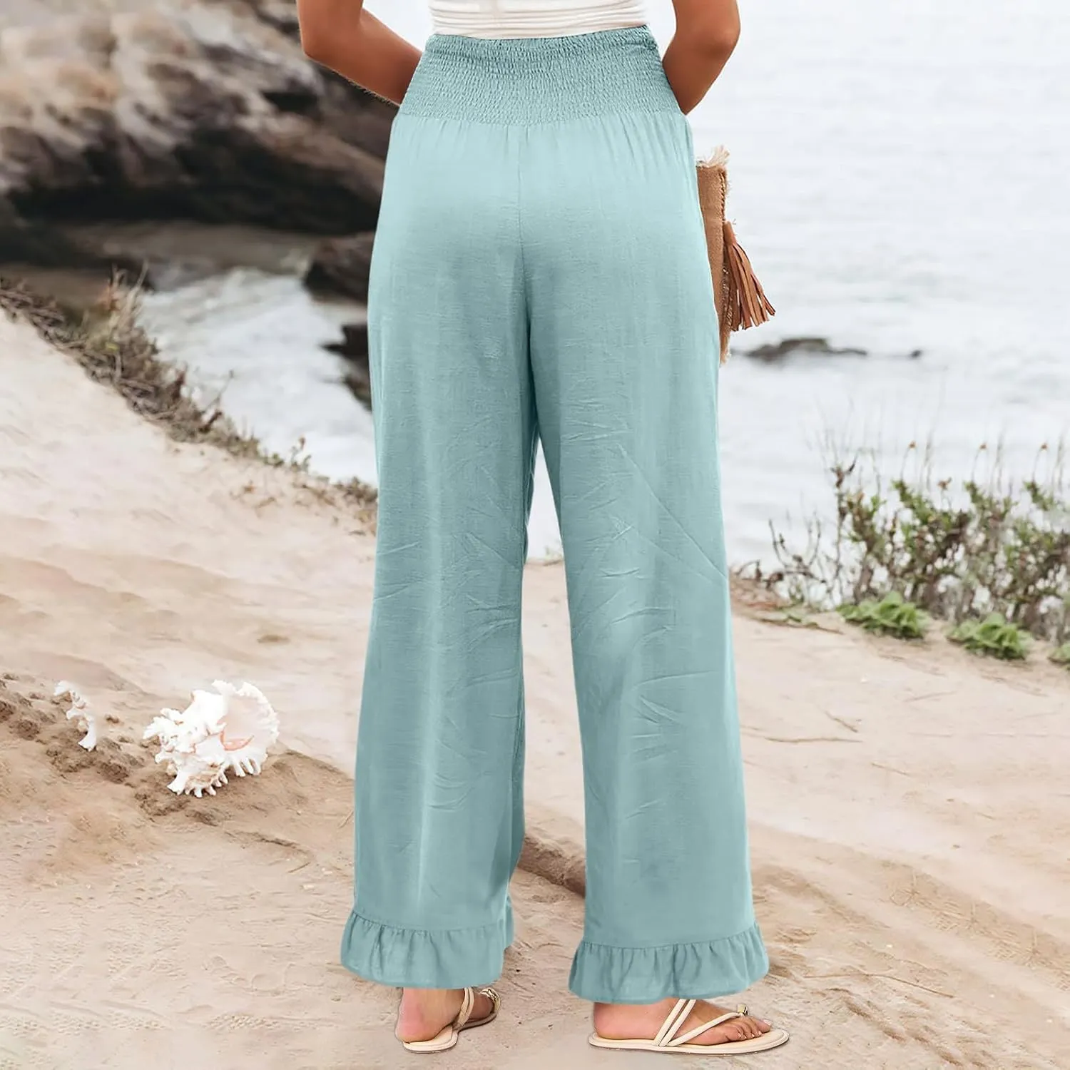 Wide Leg Linen Pants Women Smocked High Waisted Palazzo Pants Lightweight Baggy Boho Beach Lounge Trousers w/Pockets