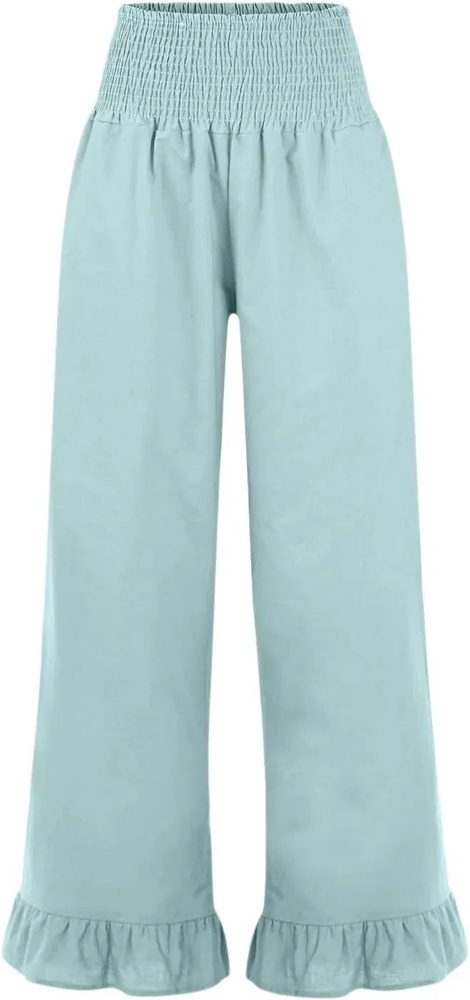 Wide Leg Linen Pants Women Smocked High Waisted Palazzo Pants Lightweight Baggy Boho Beach Lounge Trousers w/Pockets