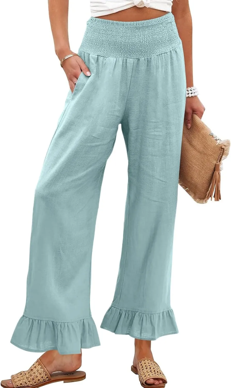 Wide Leg Linen Pants Women Smocked High Waisted Palazzo Pants Lightweight Baggy Boho Beach Lounge Trousers w/Pockets