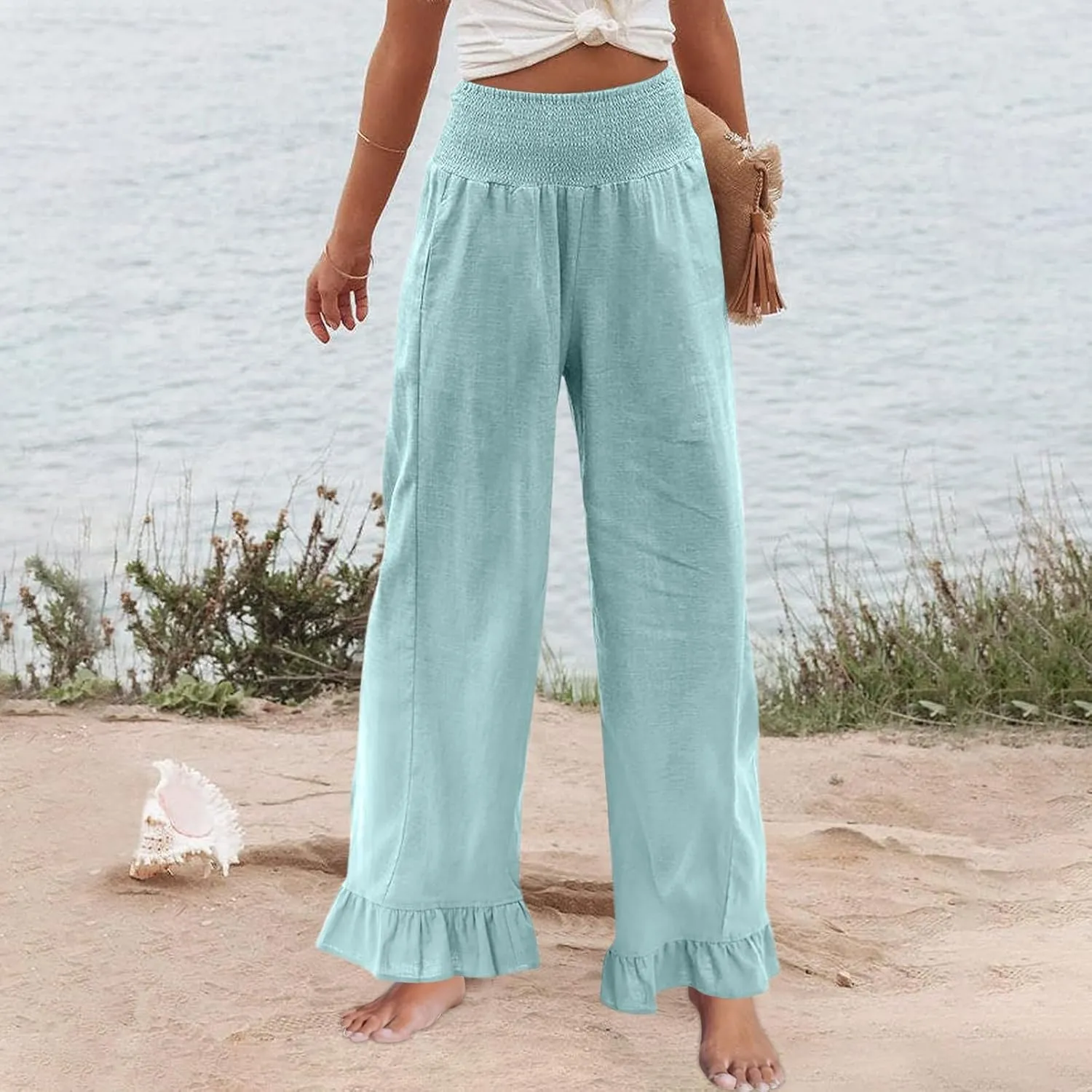 Wide Leg Linen Pants Women Smocked High Waisted Palazzo Pants Lightweight Baggy Boho Beach Lounge Trousers w/Pockets
