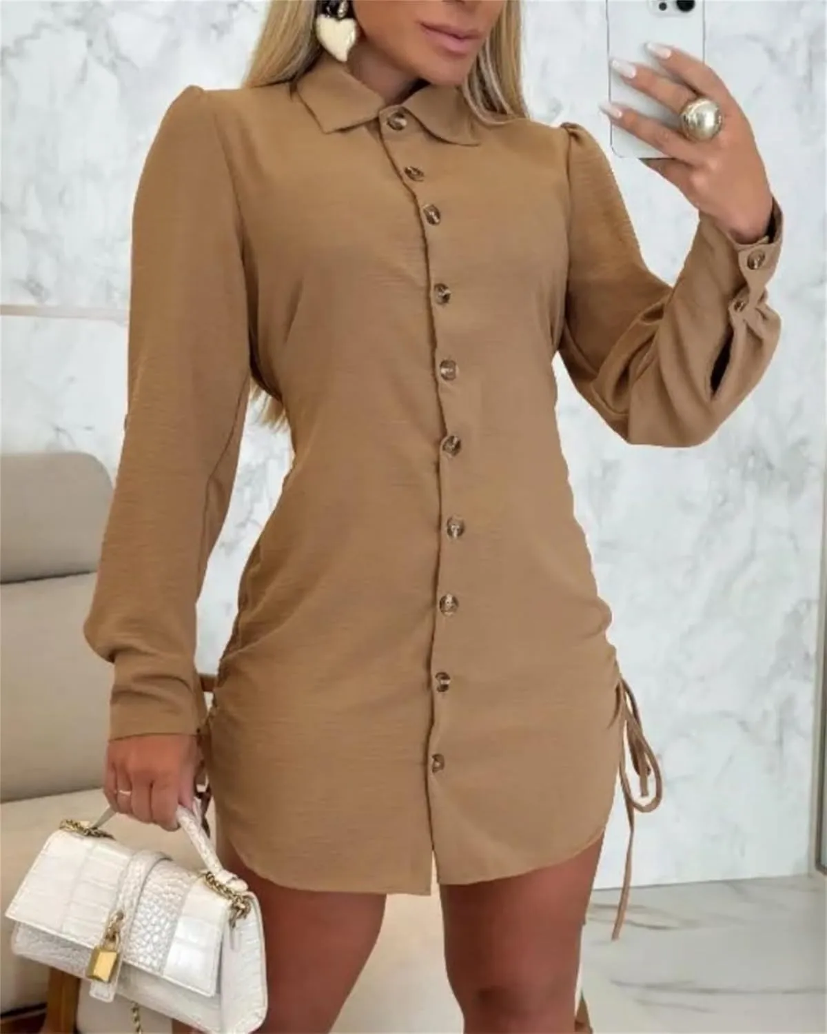 Womens Button Down Shirt Dresses Drawstring Both Sides Button Down Beach Dress Shirt Long Sleeve Solid Blouse Tops