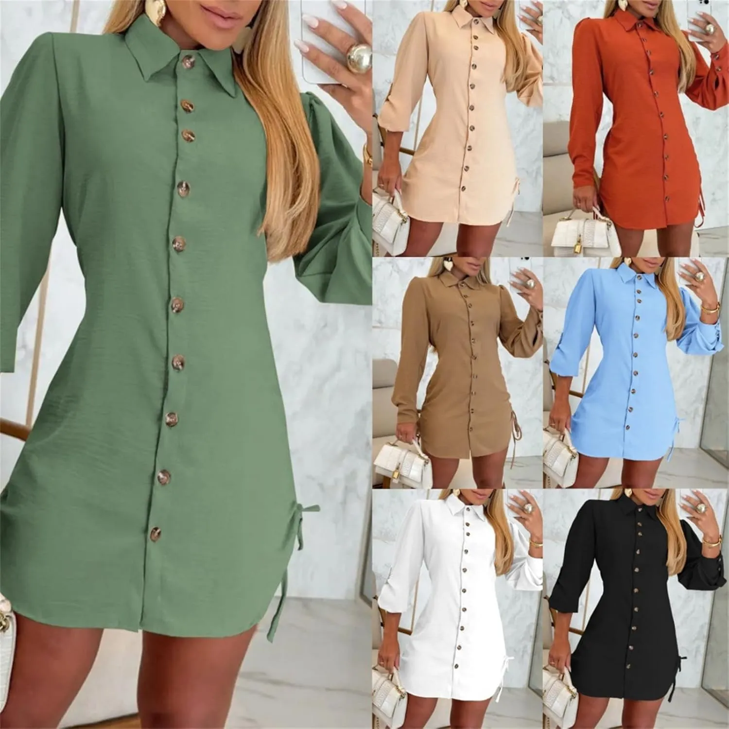 Womens Button Down Shirt Dresses Drawstring Both Sides Button Down Beach Dress Shirt Long Sleeve Solid Blouse Tops