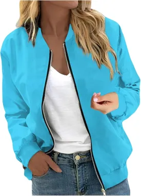Women's Casual Crop Bomber Jackets Zip Up Long Sleeve Coat Lightweight Windbreaker Fall Baseball Coats Outwear