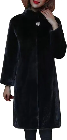 Women's Faux Fur Coat Fuzzy Warm Winter Long Fur Jackets Cardigan High Neck Trench Coat Outerwear Pocketed Overcoat