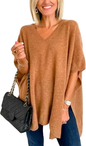 Womens Poncho Sweater Oversized Knit Batwing Sleeve Cape Sweaters Loose High Low Hem Side Slit Pullover Jumper Tops