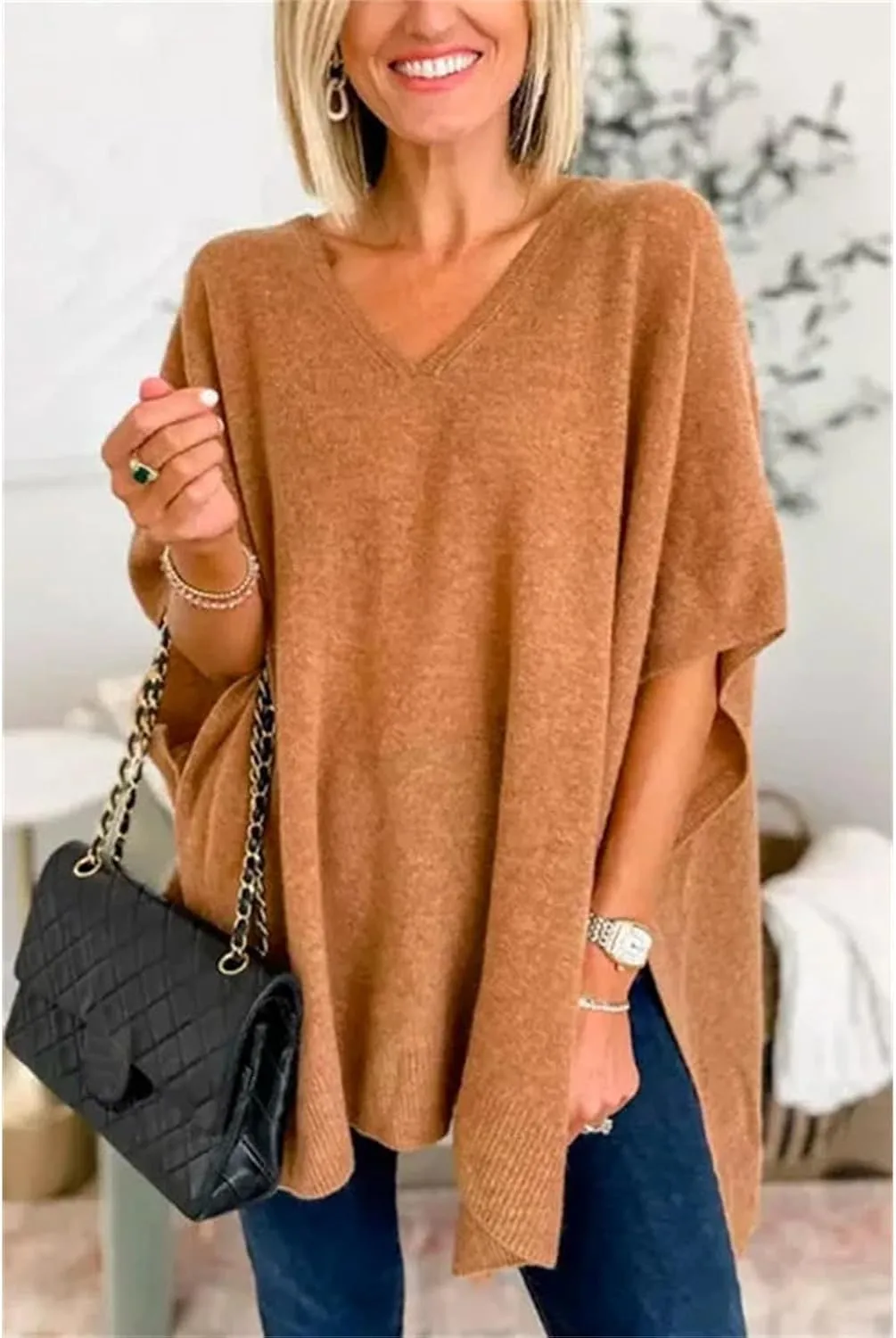 Womens Poncho Sweater Oversized Knit Batwing Sleeve Cape Sweaters Loose High Low Hem Side Slit Pullover Jumper Tops