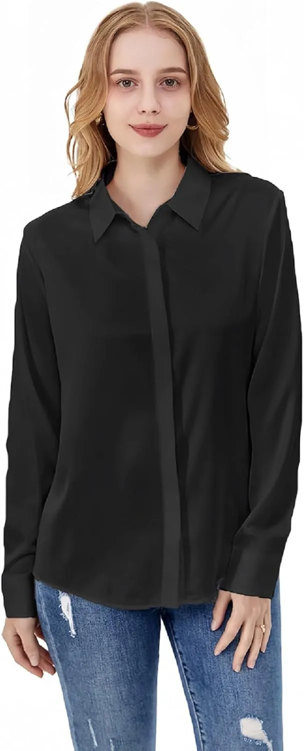 Women's Satin Blouse Fashion Long Sleeve Satin Silk Shirt Work Office Top Casual Shirt