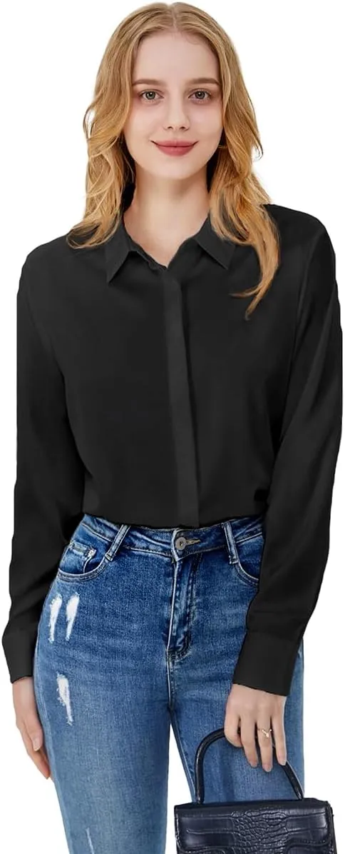 Women's Satin Blouse Fashion Long Sleeve Satin Silk Shirt Work Office Top Casual Shirt