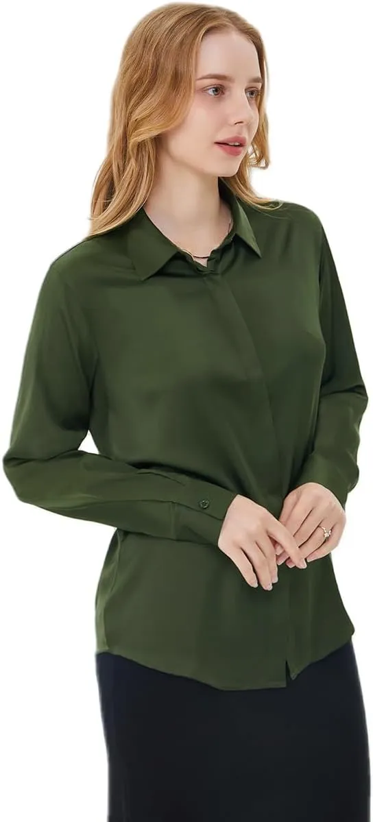 Women's Satin Blouse Fashion Long Sleeve Satin Silk Shirt Work Office Top Casual Shirt