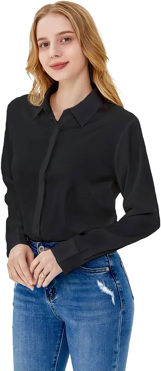 Women's Satin Blouse Fashion Long Sleeve Satin Silk Shirt Work Office Top Casual Shirt