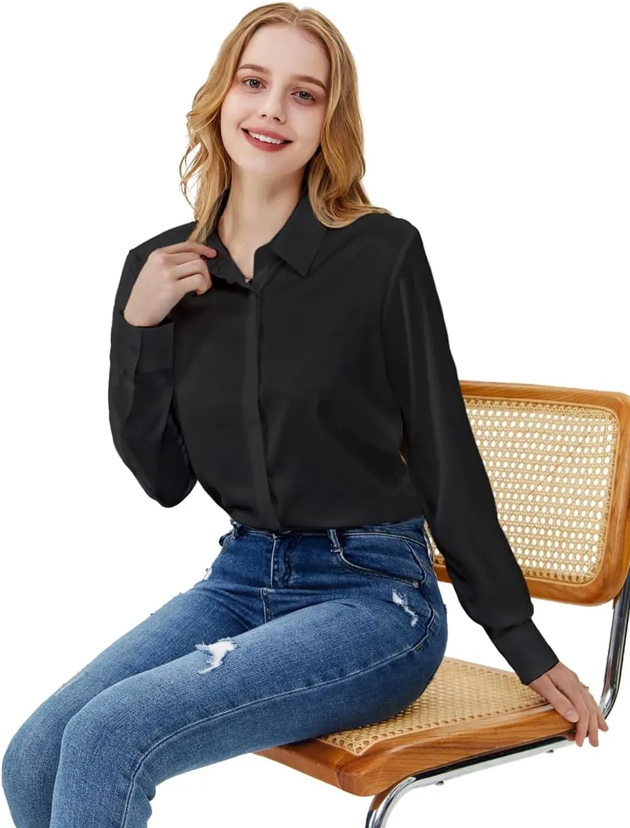 Women's Satin Blouse Fashion Long Sleeve Satin Silk Shirt Work Office Top Casual Shirt