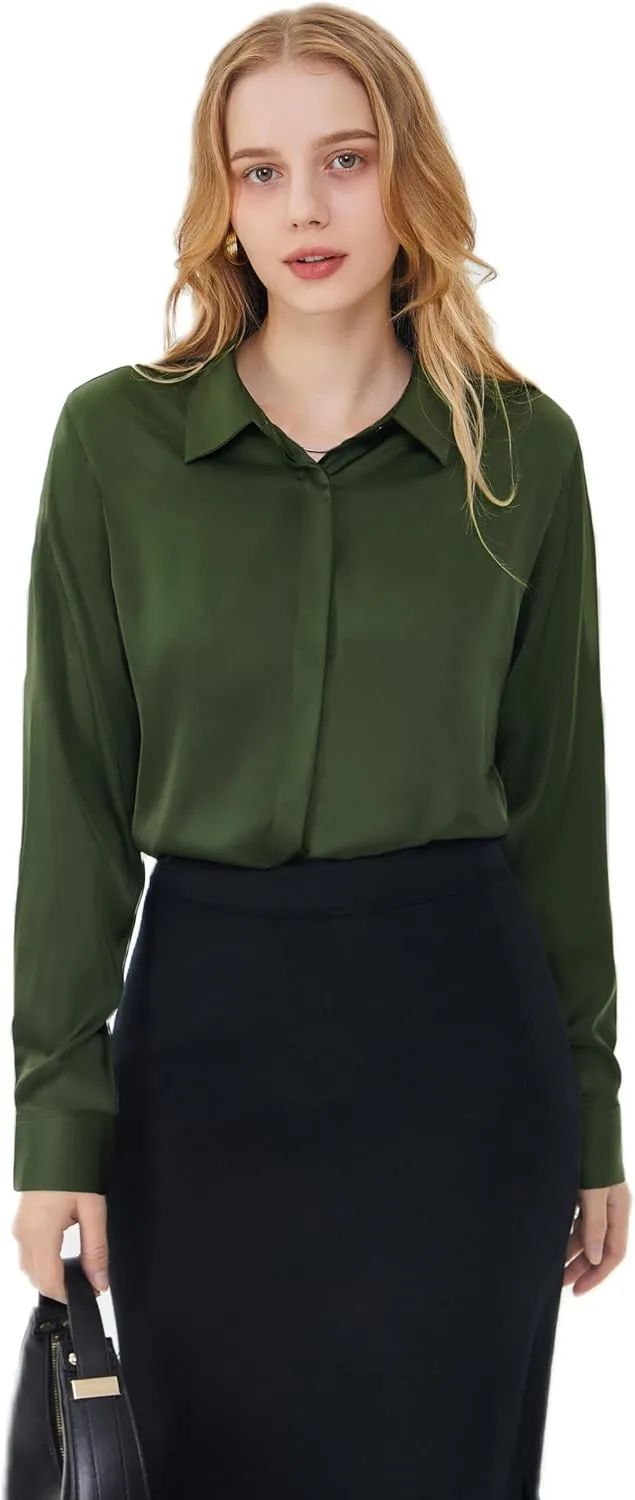 Women's Satin Blouse Fashion Long Sleeve Satin Silk Shirt Work Office Top Casual Shirt