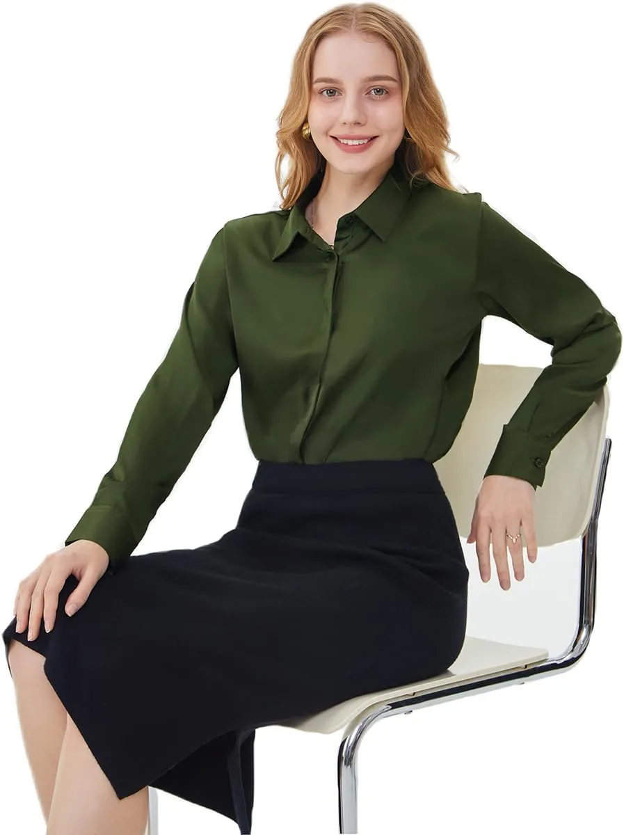Women's Satin Blouse Fashion Long Sleeve Satin Silk Shirt Work Office Top Casual Shirt