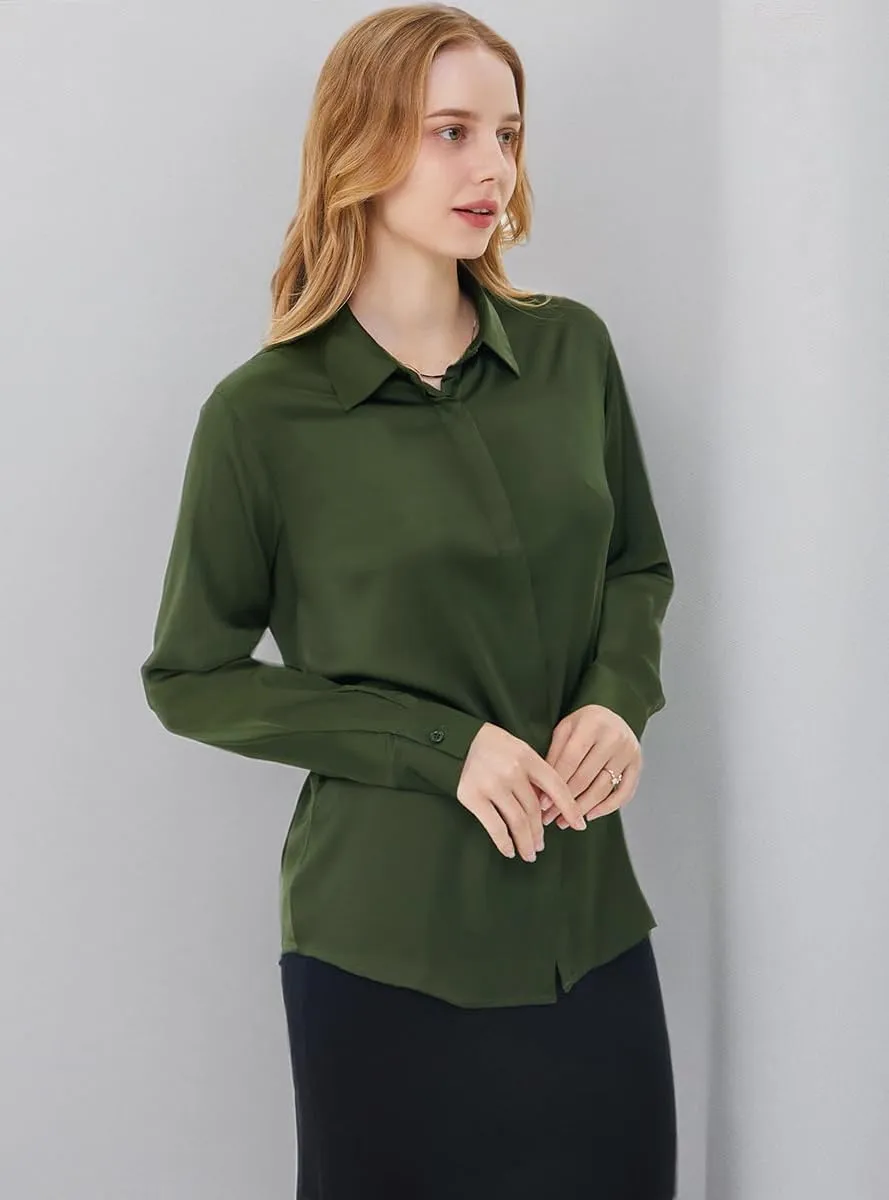 Women's Satin Blouse Fashion Long Sleeve Satin Silk Shirt Work Office Top Casual Shirt