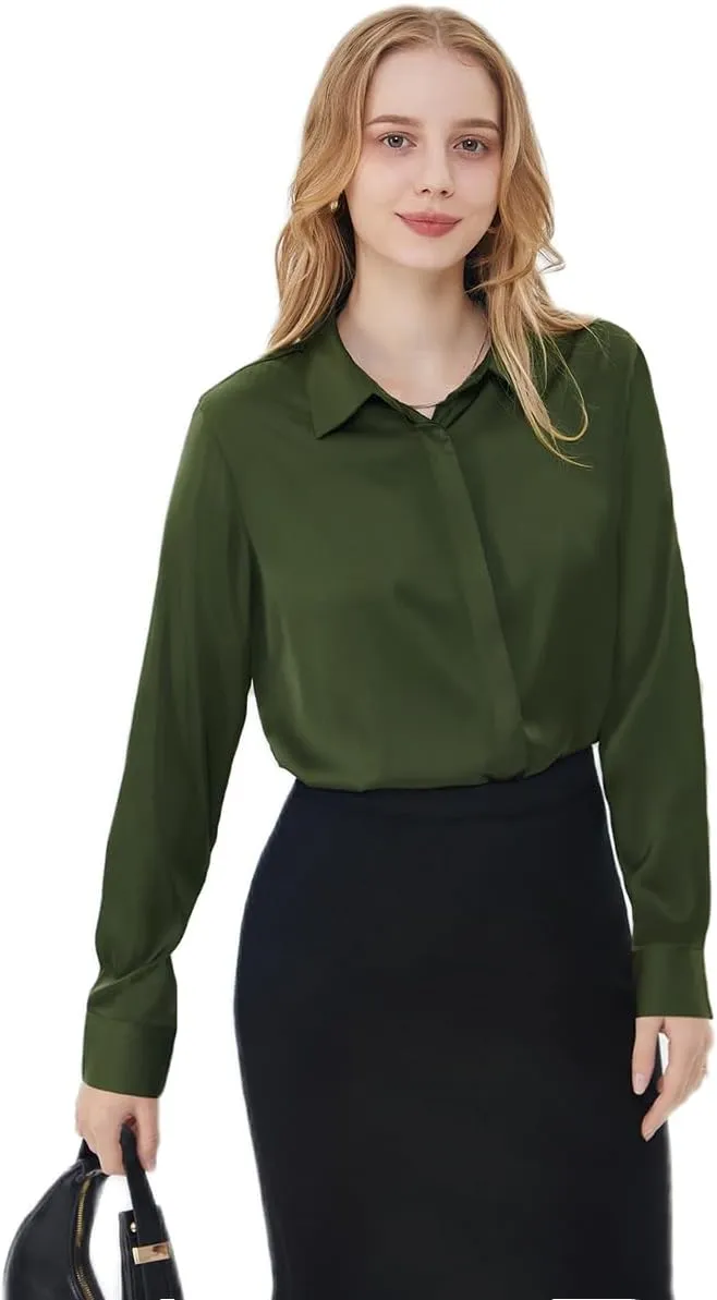 Women's Satin Blouse Fashion Long Sleeve Satin Silk Shirt Work Office Top Casual Shirt