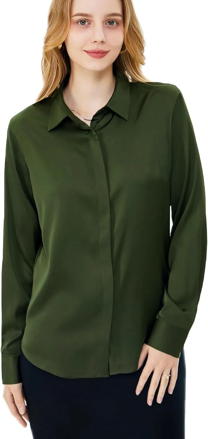 Women's Satin Blouse Fashion Long Sleeve Satin Silk Shirt Work Office Top Casual Shirt