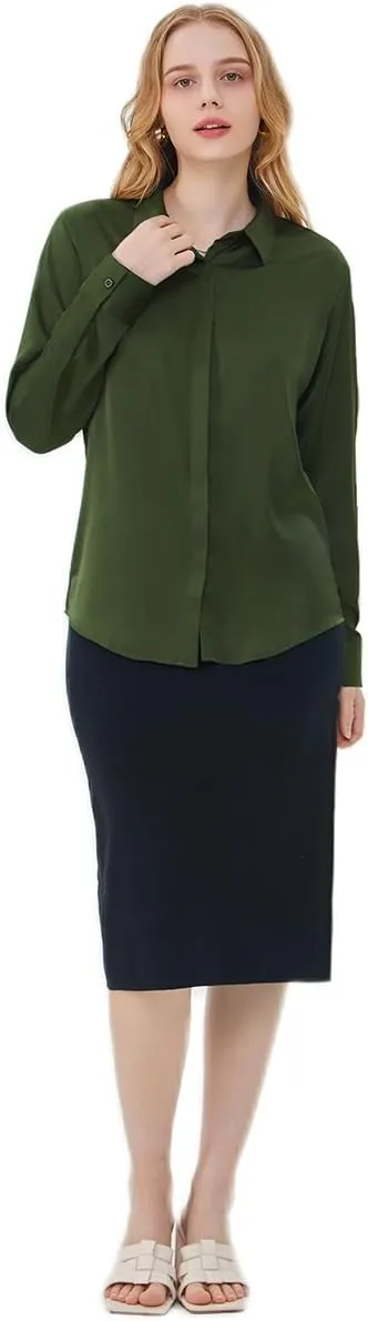 Women's Satin Blouse Fashion Long Sleeve Satin Silk Shirt Work Office Top Casual Shirt