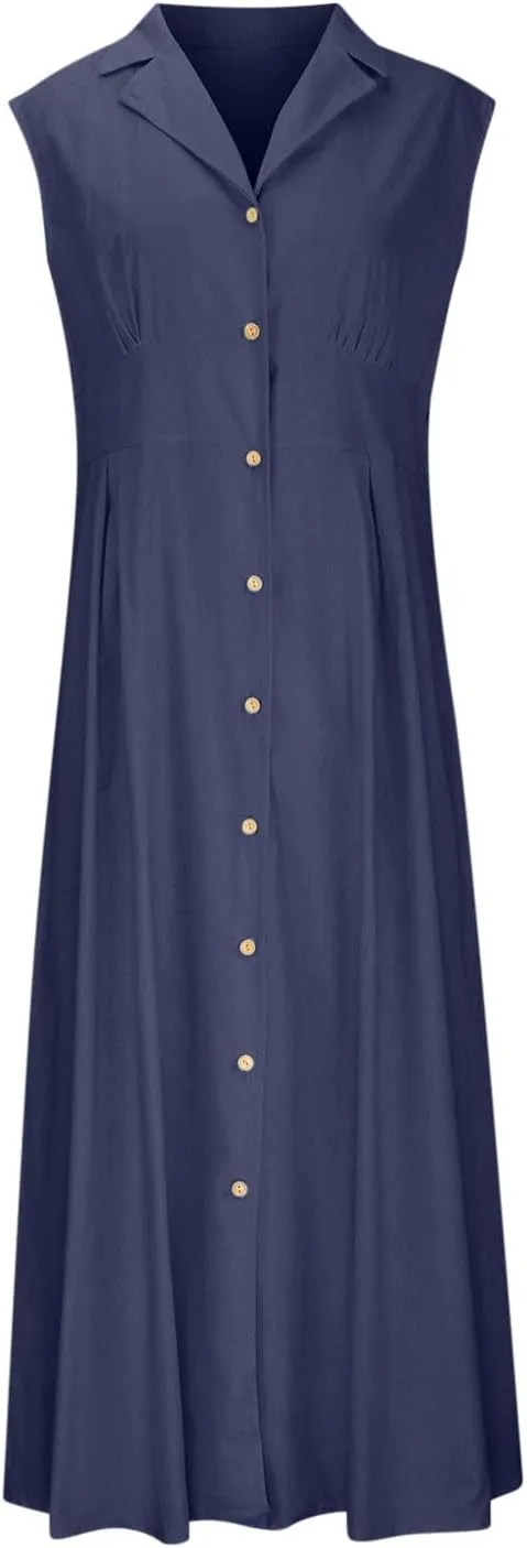 Women's Summer Boho Button Cotton Linen Midi Dresses Casual Collared V Neck Sleeveless Elegant Long Sundress