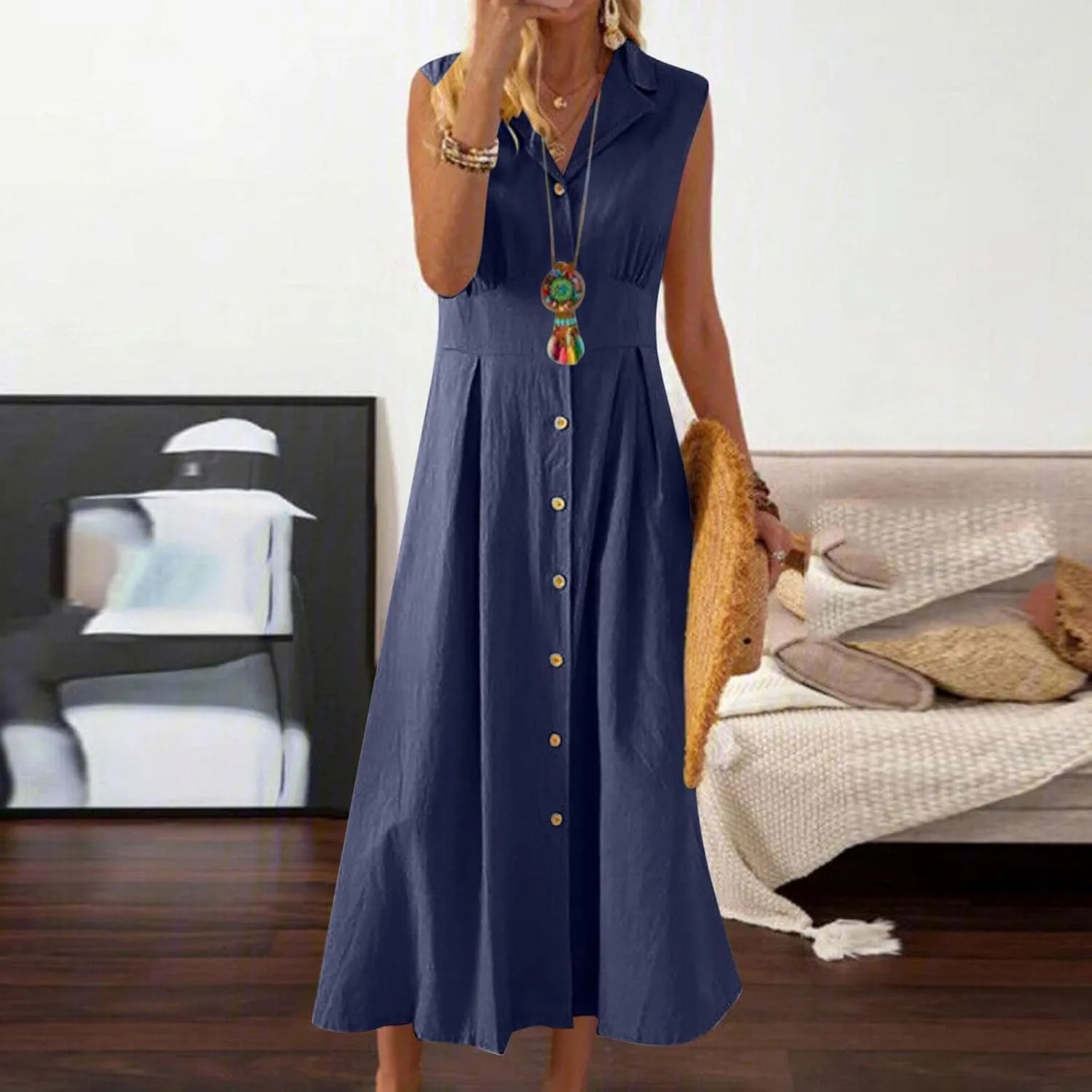 Women's Summer Boho Button Cotton Linen Midi Dresses Casual Collared V Neck Sleeveless Elegant Long Sundress