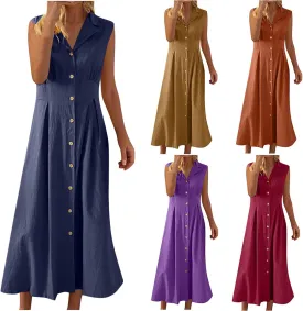 Women's Summer Boho Button Cotton Linen Midi Dresses Casual Collared V Neck Sleeveless Elegant Long Sundress
