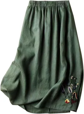 Womens Vintage Floral Embroidered Cotton Linen Skirt A Line Elastic Waist Lightweight Breathable Versatile Midi Skirt