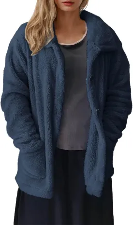 Women's Winter Faux Fuzzy Jacket Oversized Fleece Hooded Long Sleeve Coat Teddy Coat With Pockets Long Winter