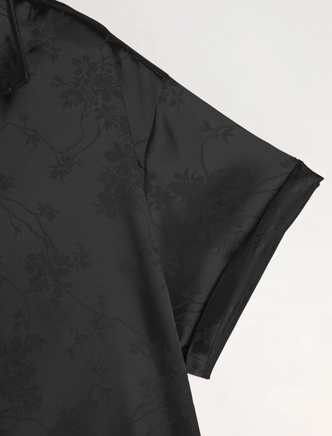 ZAFUL Mens Silky Satin Dress Shirt Short Sleeve Floral Print Jacquard Button Up Shirt Summer Holiday Party Fashion Shirt