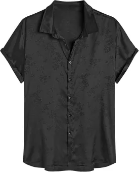 ZAFUL Mens Silky Satin Dress Shirt Short Sleeve Floral Print Jacquard Button Up Shirt Summer Holiday Party Fashion Shirt
